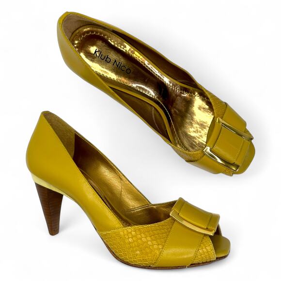 Klub Nico Women's Peep Toe Heels Size BZ 37 US 8 Mustard Yellow Square Buckle - Picture 1 of 13